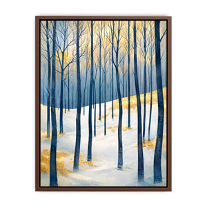 Minimal winter forest wall art with blue woodland trees and golden Scandinavian landscape canvas print