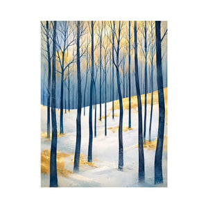 Minimal winter forest wall art with blue woodland trees and golden Scandinavian landscape canvas print