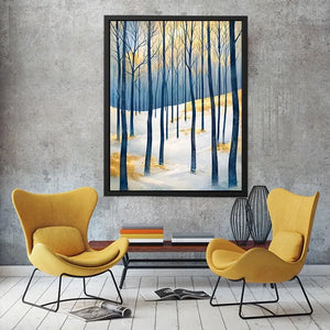 Minimal winter forest wall art with blue woodland trees and golden Scandinavian landscape canvas print