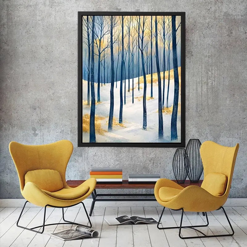 Minimal winter forest wall art with blue woodland trees and golden Scandinavian landscape canvas print