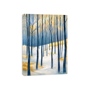 Minimal winter forest wall art with blue woodland trees and golden Scandinavian landscape canvas print