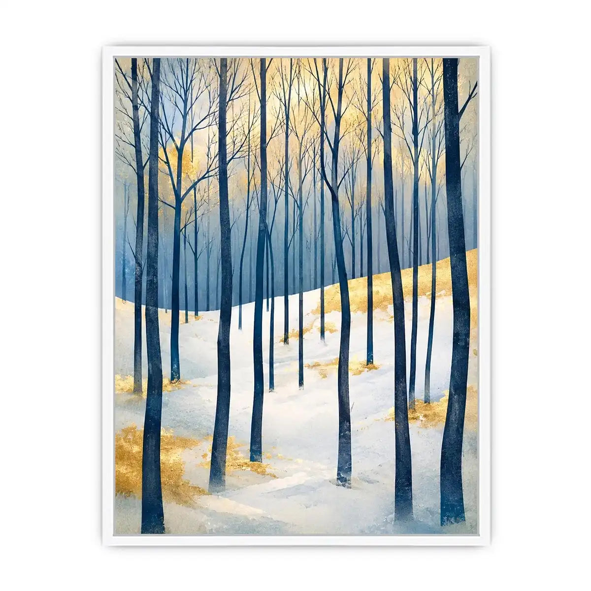 Minimal winter forest wall art with blue woodland trees and golden Scandinavian landscape canvas print