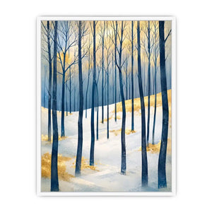 Minimal winter forest wall art with blue woodland trees and golden Scandinavian landscape canvas print