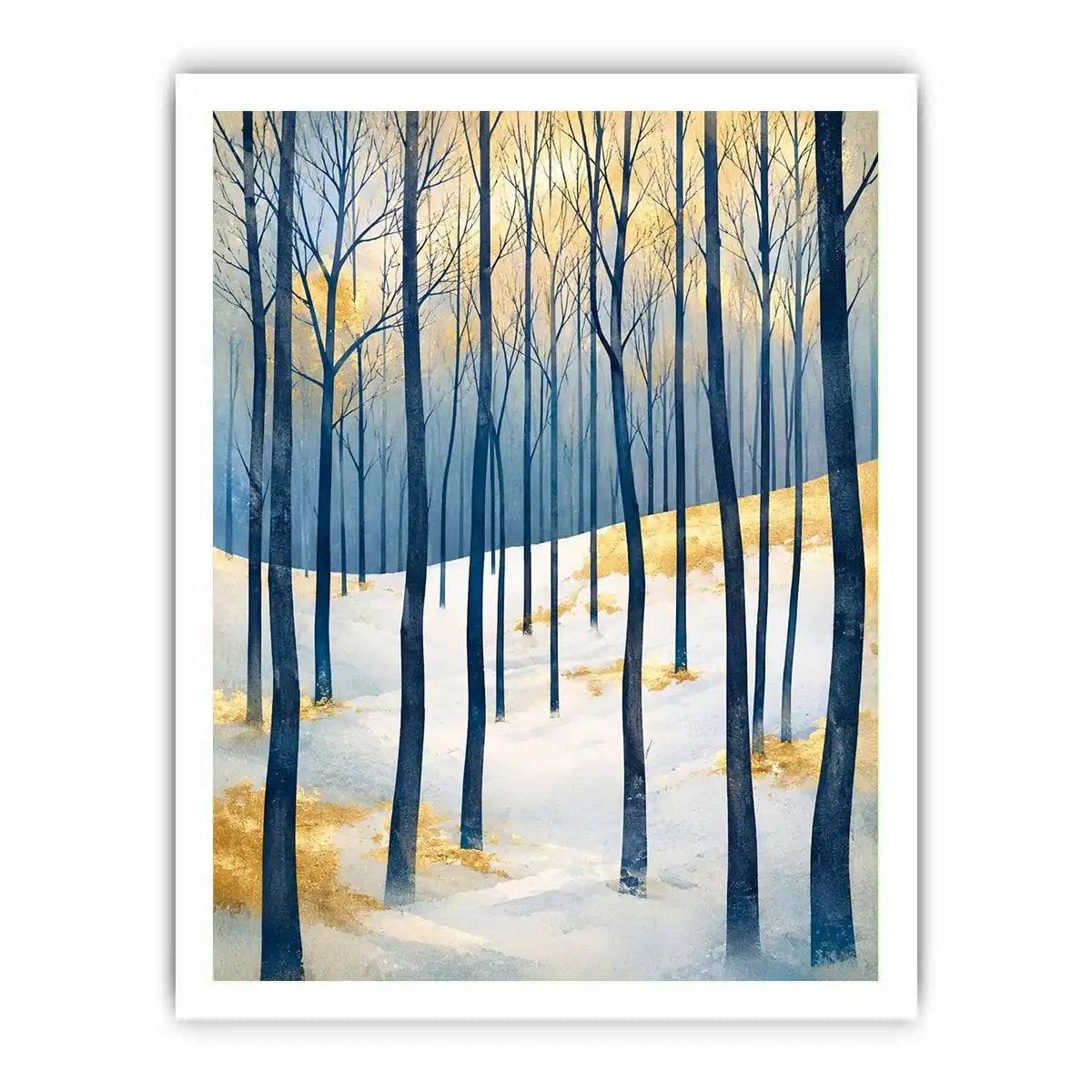 Minimal winter forest wall art with blue woodland trees and golden Scandinavian landscape canvas print