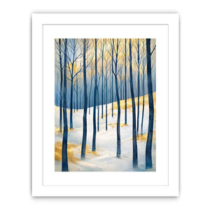 Minimal winter forest wall art with blue woodland trees and golden Scandinavian landscape canvas print