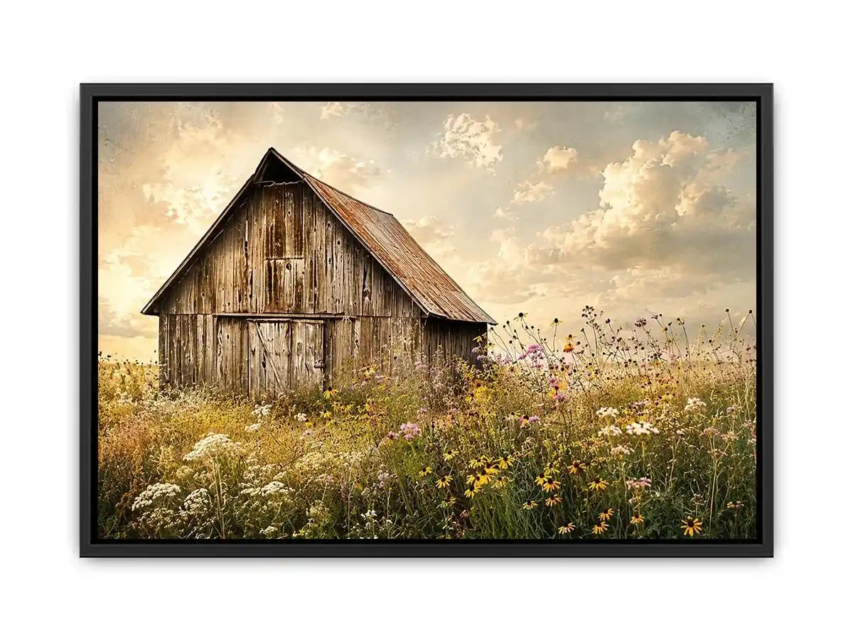Rustic barn meadow wall art with wildflowers and vintage farmhouse countryside canvas print