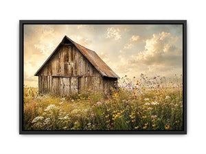Rustic barn meadow wall art with wildflowers and vintage farmhouse countryside canvas print