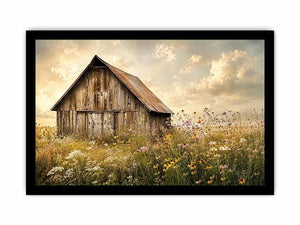 Rustic barn meadow wall art with wildflowers and vintage farmhouse countryside canvas print