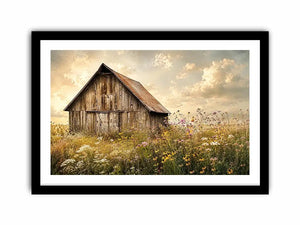 Rustic barn meadow wall art with wildflowers and vintage farmhouse countryside canvas print