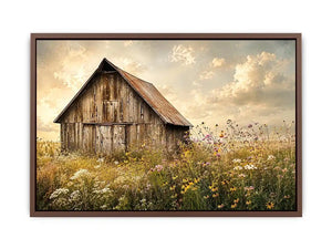 Rustic barn meadow wall art with wildflowers and vintage farmhouse countryside canvas print