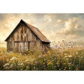 Rustic barn meadow wall art with wildflowers and vintage farmhouse countryside canvas print
