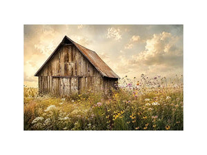 Rustic barn meadow wall art with wildflowers and vintage farmhouse countryside canvas print
