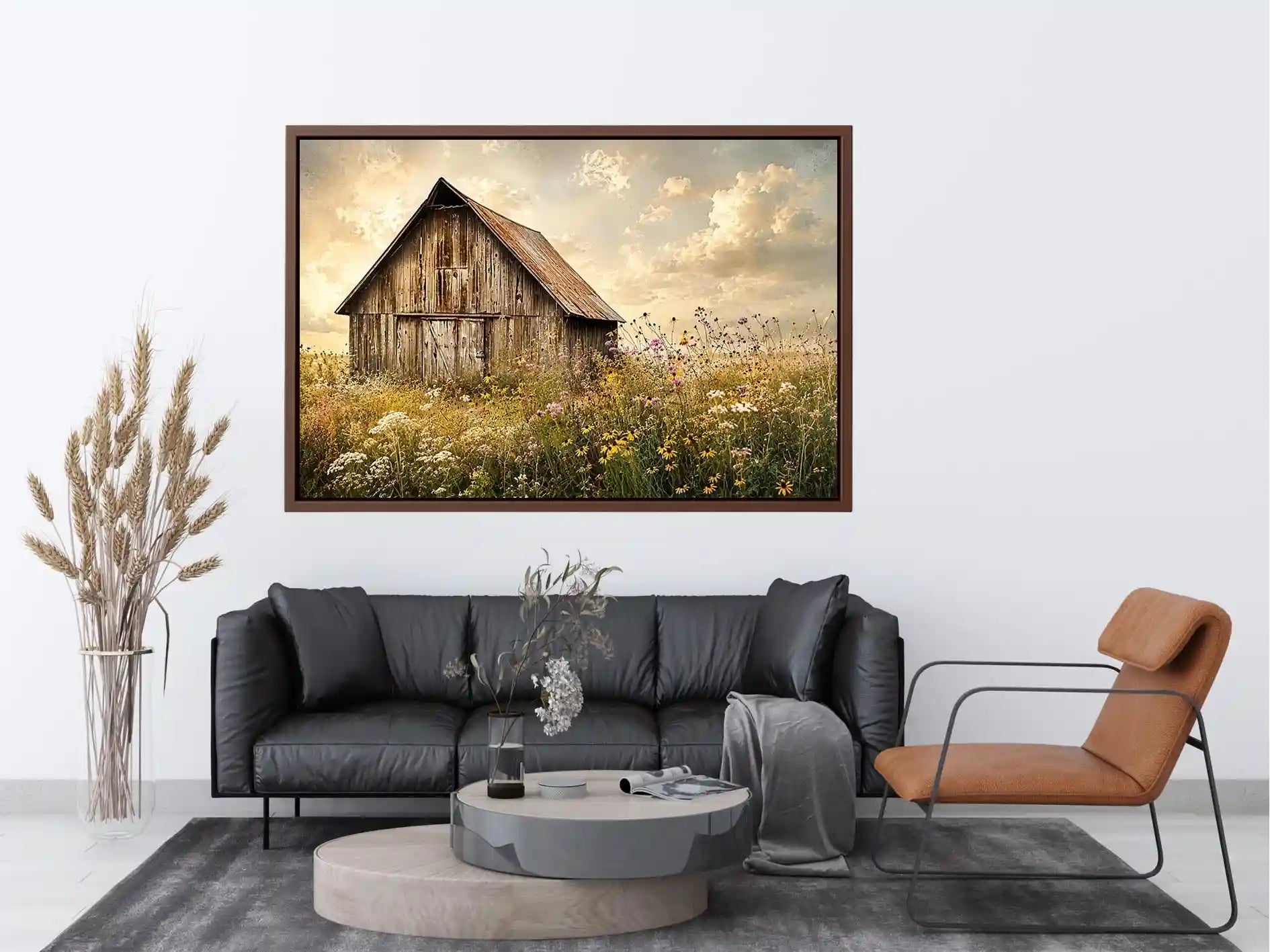 Rustic barn meadow wall art with wildflowers and vintage farmhouse countryside canvas print