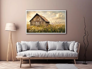 Rustic barn meadow wall art with wildflowers and vintage farmhouse countryside canvas print