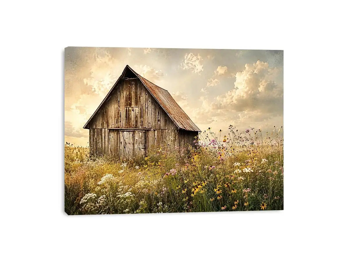 Rustic barn meadow wall art with wildflowers and vintage farmhouse countryside canvas print