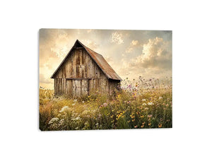 Rustic barn meadow wall art with wildflowers and vintage farmhouse countryside canvas print