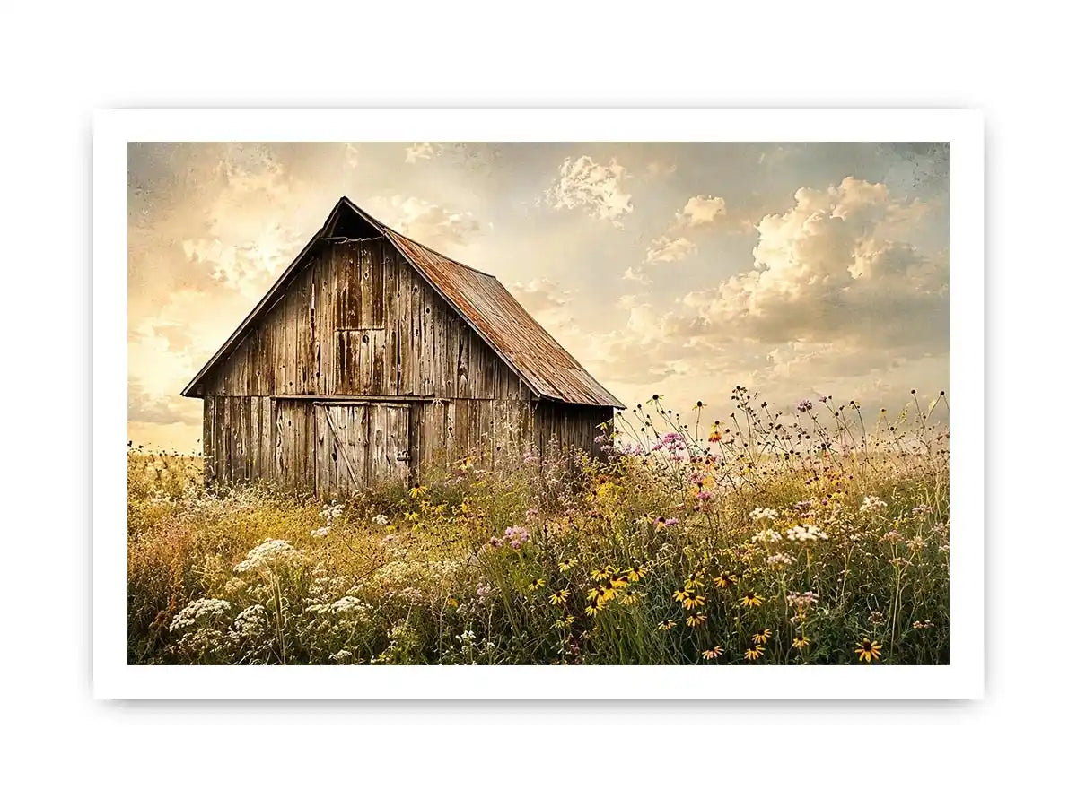 Rustic barn meadow wall art with wildflowers and vintage farmhouse countryside canvas print