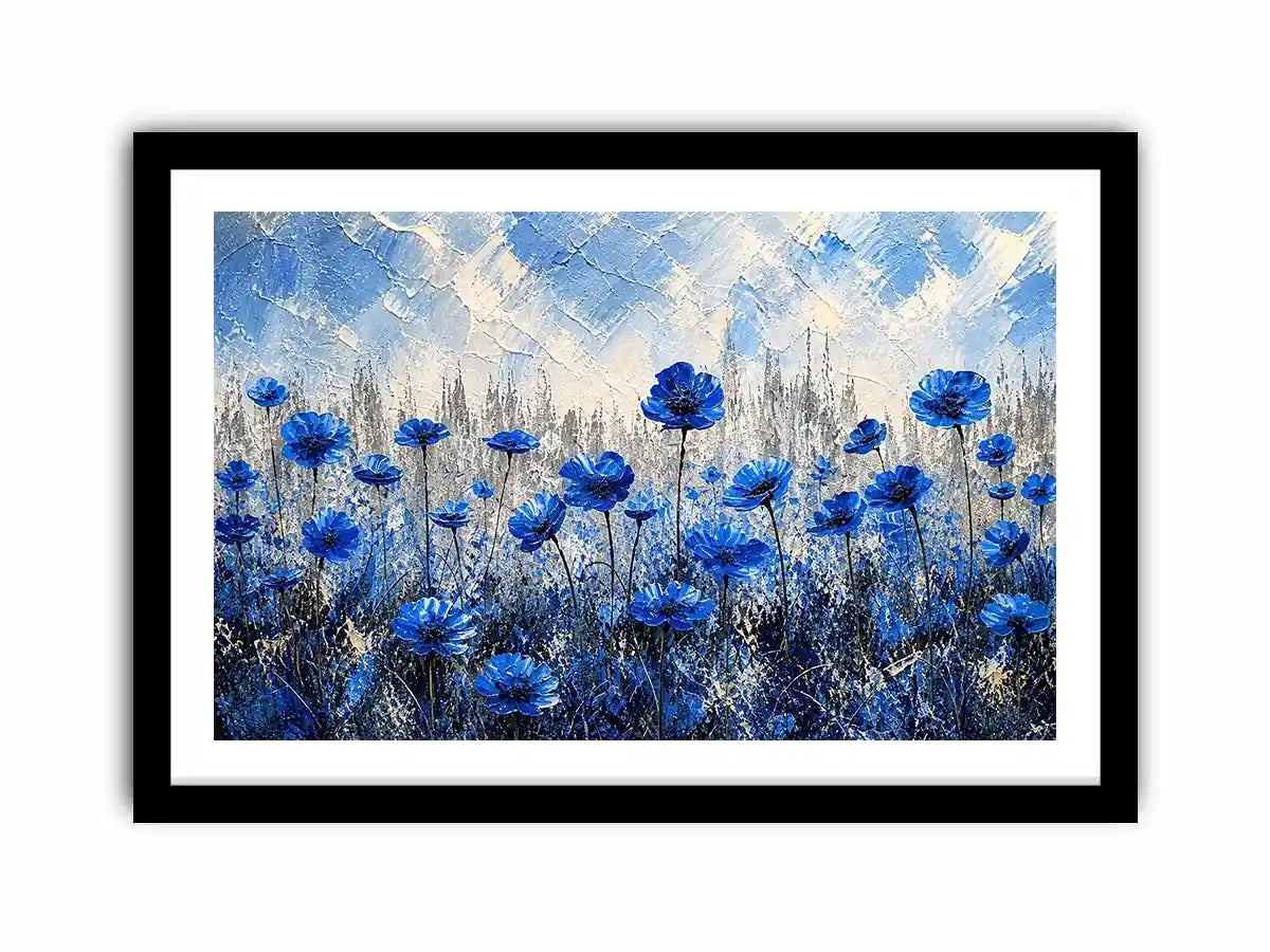 Abstract painting of blue flowers with textured brush strokes on a neutral background