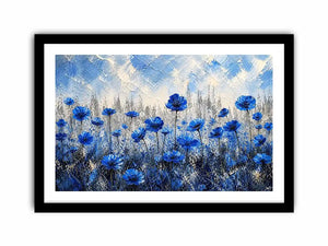 Abstract painting of blue flowers with textured brush strokes on a neutral background
