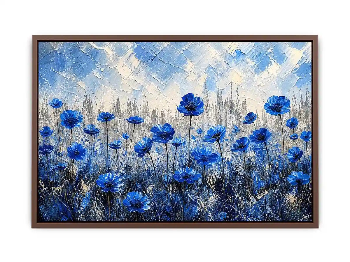 Abstract painting of blue flowers with textured brush strokes on a neutral background