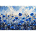Abstract painting of blue flowers with textured brush strokes on a neutral background