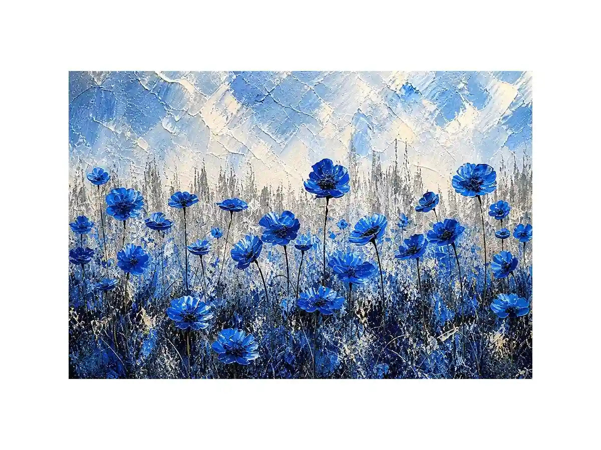 Abstract painting of blue flowers with textured brush strokes on a neutral background