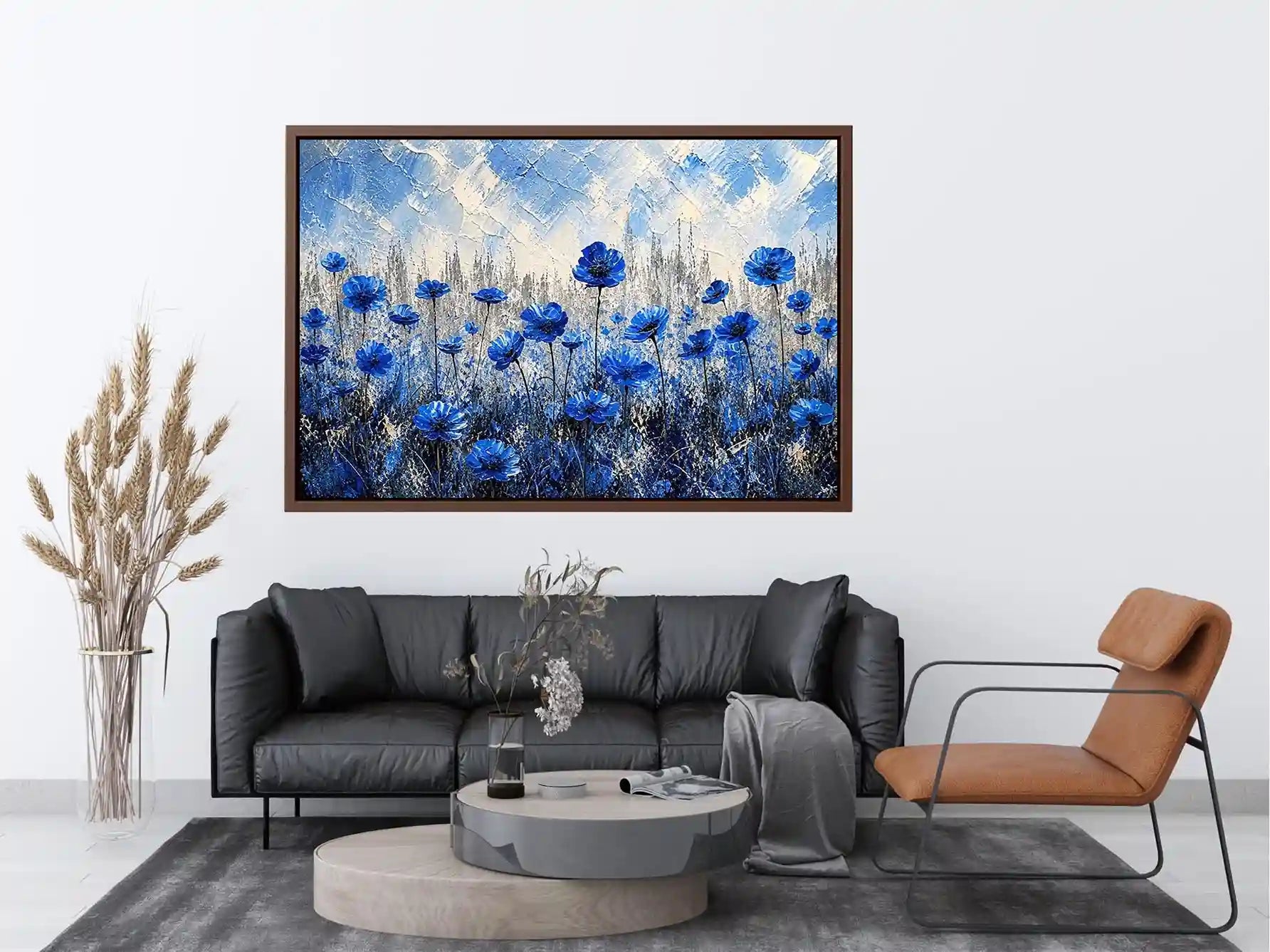 Abstract painting of blue flowers with textured brush strokes on a neutral background