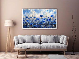 Abstract painting of blue flowers with textured brush strokes on a neutral background