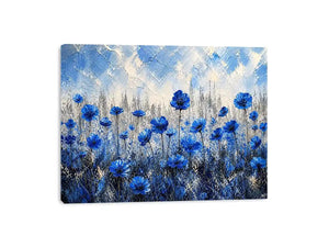 Abstract painting of blue flowers with textured brush strokes on a neutral background