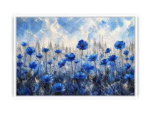 Abstract painting of blue flowers with textured brush strokes on a neutral background