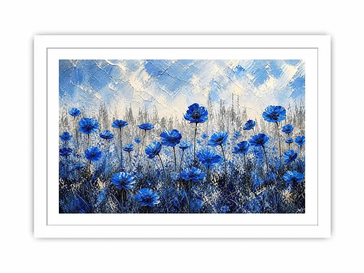 Abstract painting of blue flowers with textured brush strokes on a neutral background