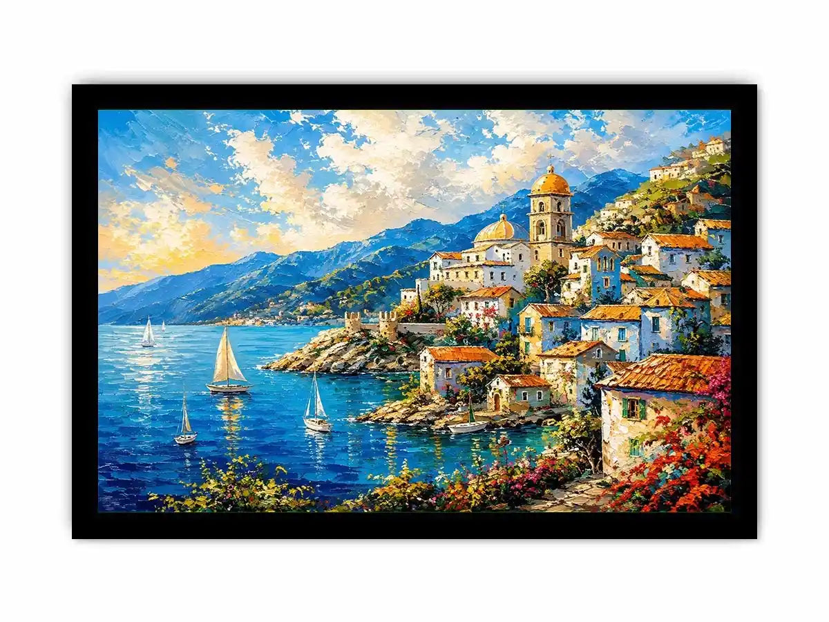 Mediterranean coastal village wall art with colorful seaside harbor and vibrant European canvas print