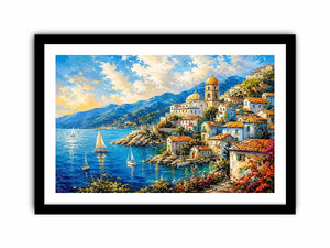 Mediterranean coastal village wall art with colorful seaside harbor and vibrant European canvas print