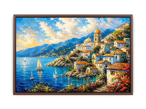 Mediterranean coastal village wall art with colorful seaside harbor and vibrant European canvas print