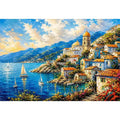 Mediterranean coastal village wall art with colorful seaside harbor and vibrant European canvas print