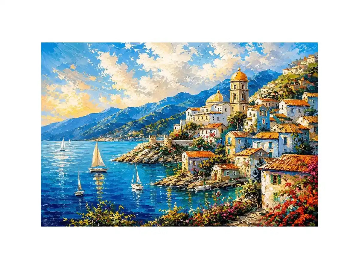 Mediterranean coastal village wall art with colorful seaside harbor and vibrant European canvas print