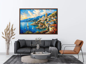 Mediterranean coastal village wall art with colorful seaside harbor and vibrant European canvas print
