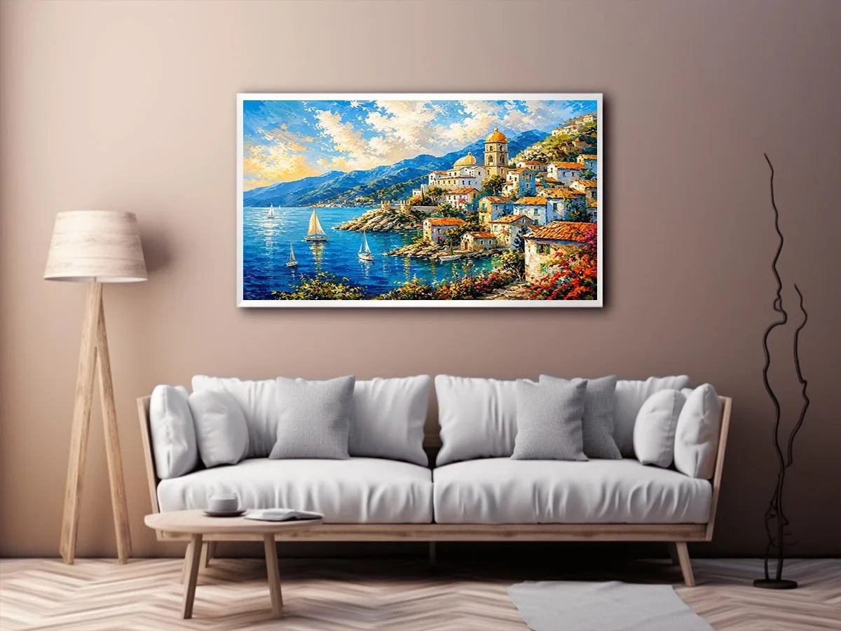 Mediterranean coastal village wall art with colorful seaside harbor and vibrant European canvas print