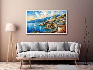 Mediterranean coastal village wall art with colorful seaside harbor and vibrant European canvas print