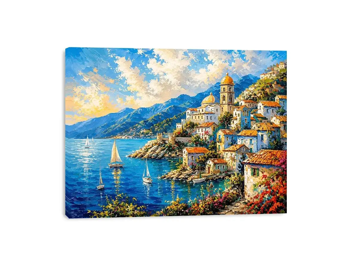 Mediterranean coastal village wall art with colorful seaside harbor and vibrant European canvas print