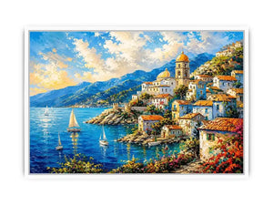 Mediterranean coastal village wall art with colorful seaside harbor and vibrant European canvas print