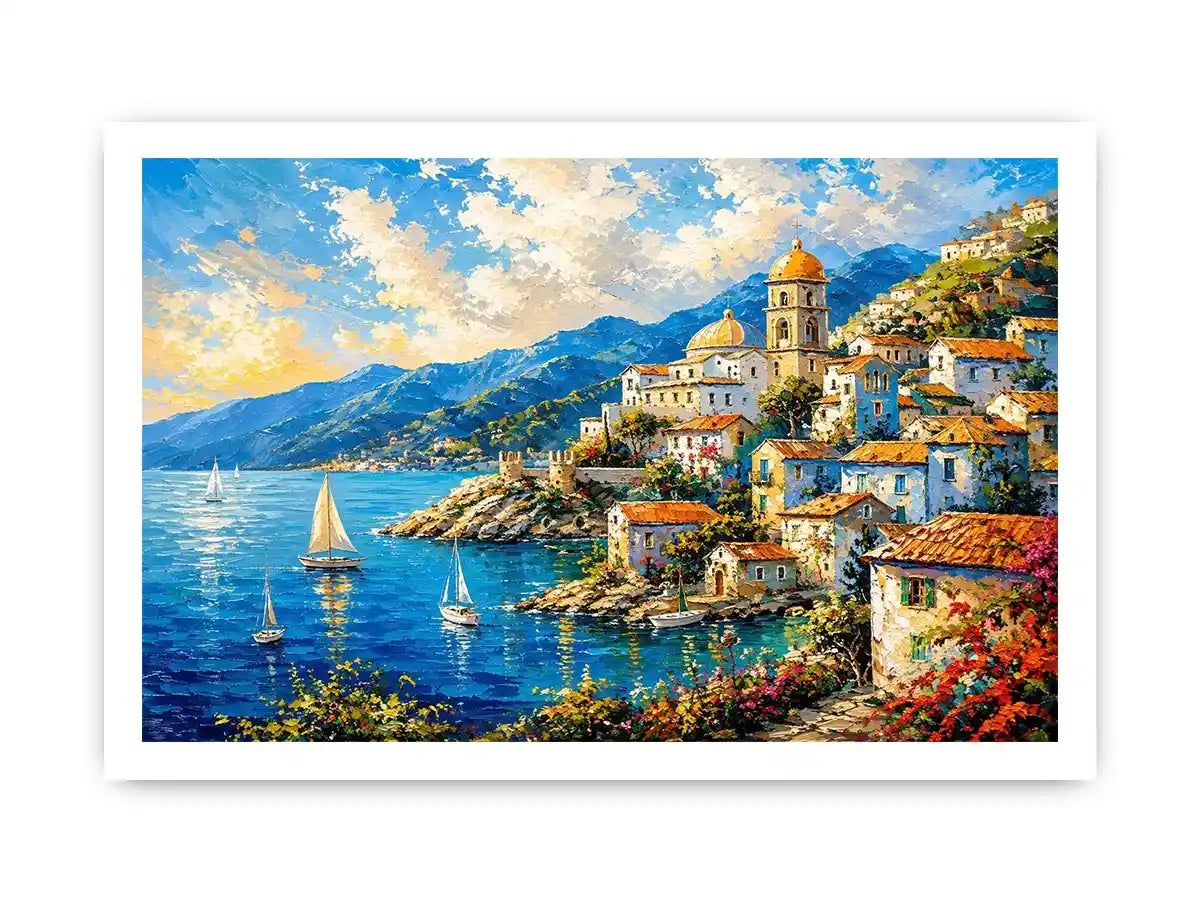 Mediterranean coastal village wall art with colorful seaside harbor and vibrant European canvas print