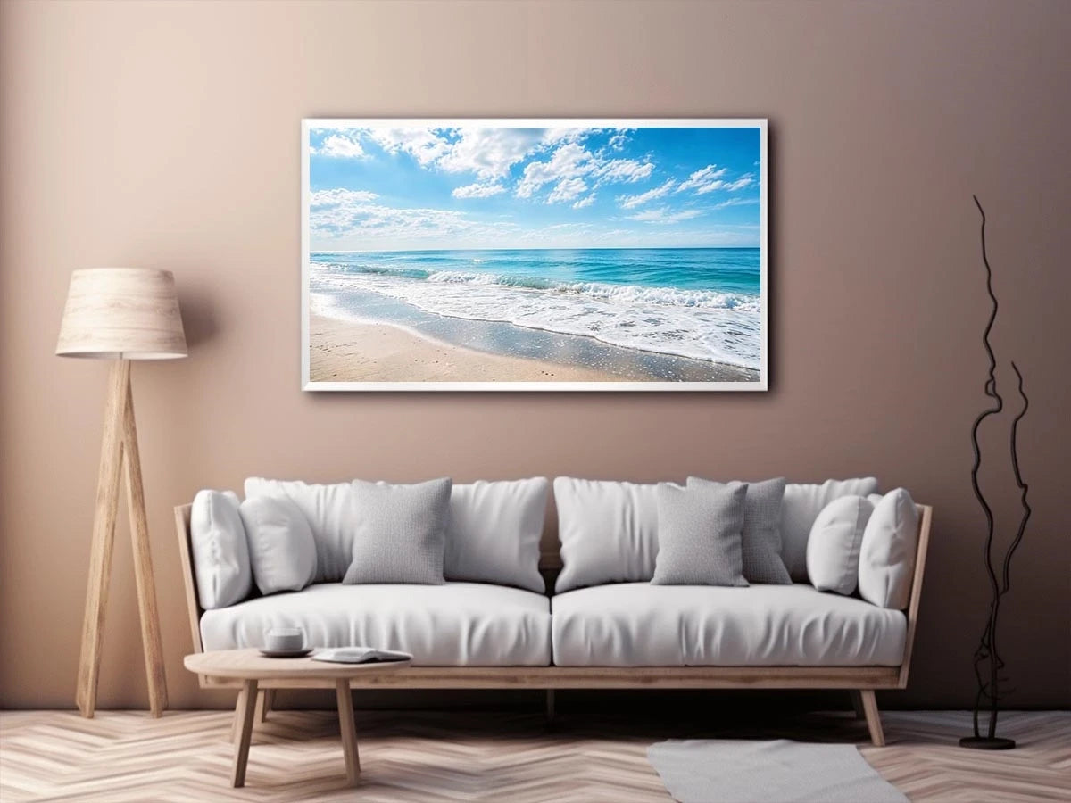 Serene ocean beach wall art with soft coastal waves and minimalist seaside canvas print