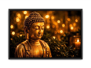 Golden Buddha wall art with glowing zen meditation lights and peaceful spiritual canvas print