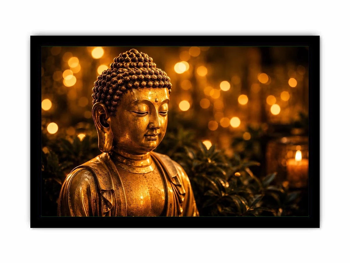 Golden Buddha wall art with glowing zen meditation lights and peaceful spiritual canvas print