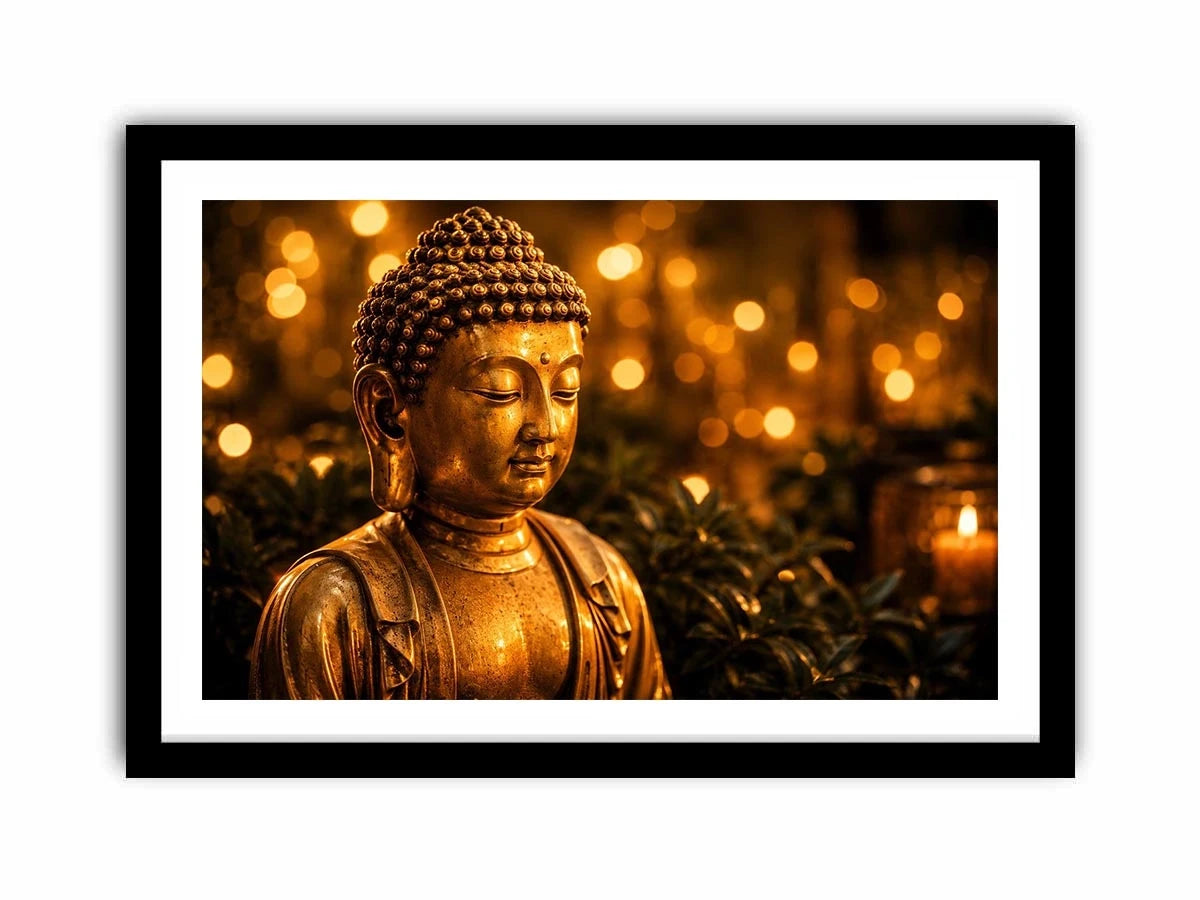 Golden Buddha wall art with glowing zen meditation lights and peaceful spiritual canvas print