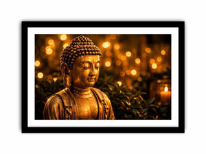 Golden Buddha wall art with glowing zen meditation lights and peaceful spiritual canvas print