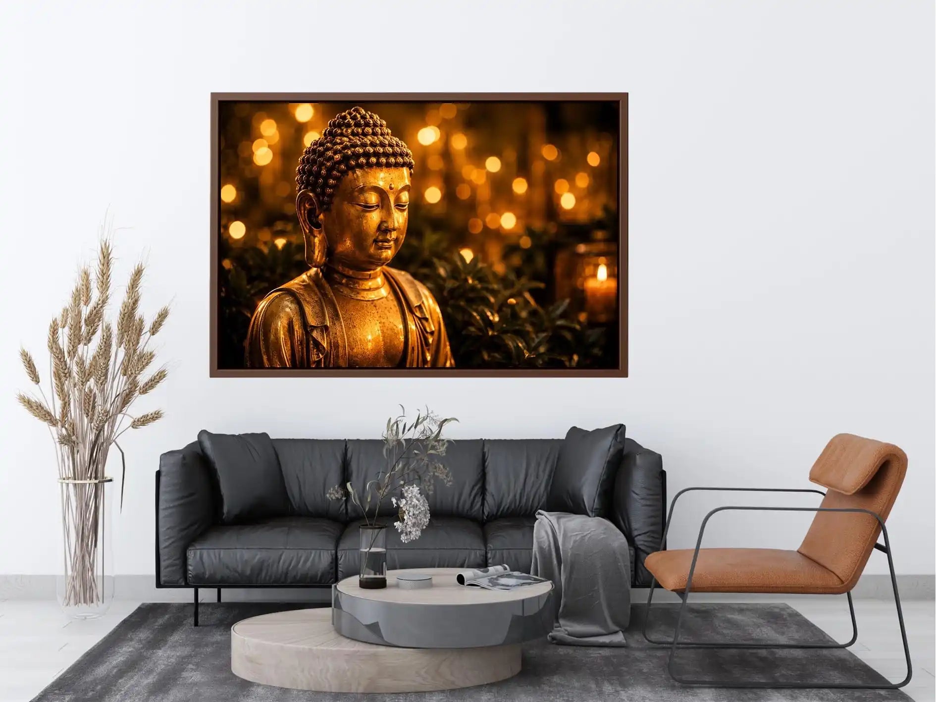 Golden Buddha wall art with glowing zen meditation lights and peaceful spiritual canvas print