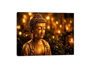 Golden Buddha wall art with glowing zen meditation lights and peaceful spiritual canvas print
