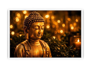 Golden Buddha wall art with glowing zen meditation lights and peaceful spiritual canvas print